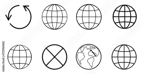Fototapeta Illustration of globes and rotation symbol, representing global connectivity, worldwide communication, and geographical concepts with grid lines and continental outlines