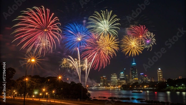 Fototapeta Vibrant fireworks bursts dazzle the festive evening across a city skyline and waterfront celebration."