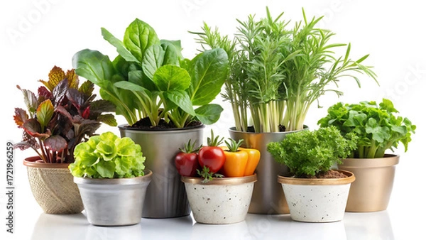 Fototapeta Assorted vegetable plants in stylish pots with clean white background