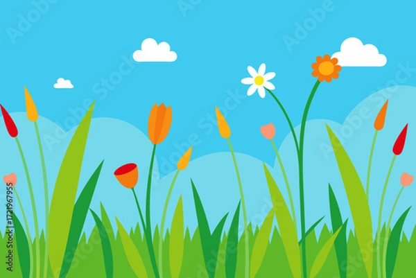 Fototapeta Vibrant cartoon meadow with colorful flowers and fluffy clouds in a clear blue sky