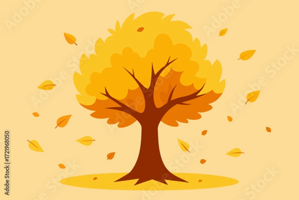 Fototapeta Stylized autumn tree with falling leaves in warm orange and yellow tones