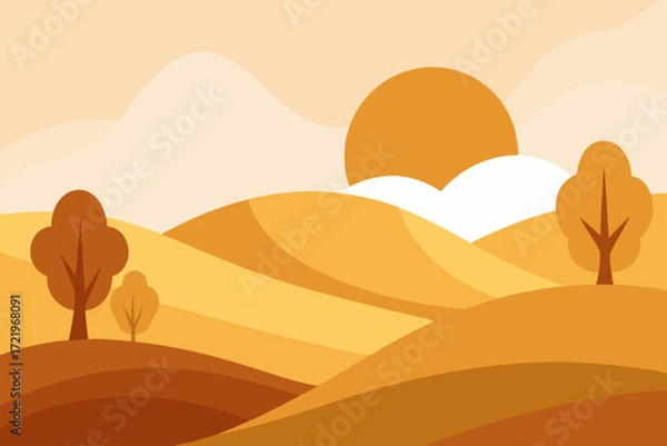 Fototapeta Stylized autumn landscape with rolling hills and setting sun
