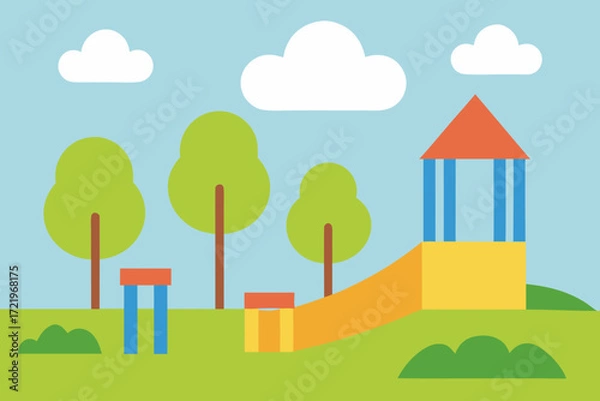 Fototapeta Colorful cartoon playground with slide trees and clouds on a bright day