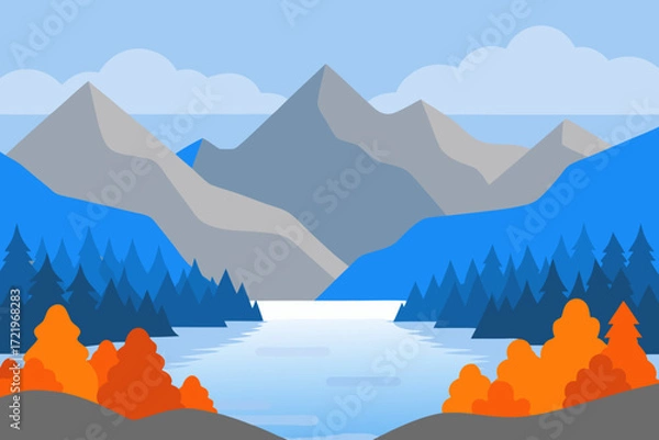 Fototapeta Stylized flat illustration of a serene mountain lake surrounded by pine trees and autumn foliage
