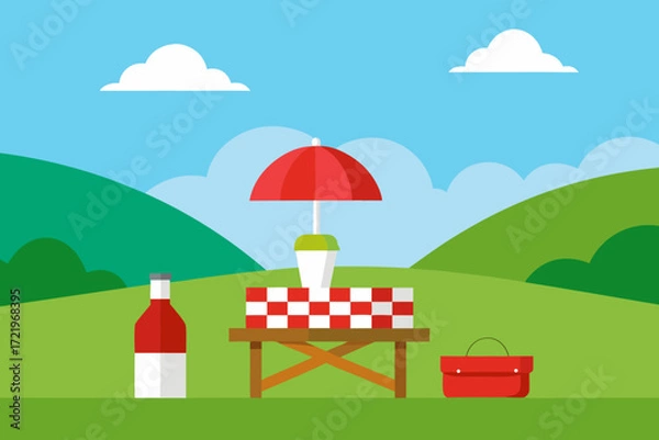 Fototapeta Flat design picnic scene with checkered tablecloth bottle umbrella and basket