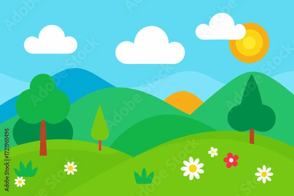 Fototapeta Bright and cheerful cartoon landscape with rolling green hills and fluffy clouds