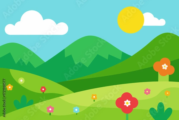 Fototapeta Vibrant cartoon landscape with rolling green hills colorful flowers and a bright sun