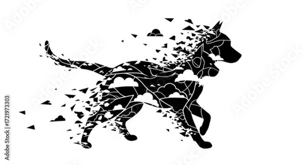 Fototapeta Abstract illustration of a dog in motion, featuring a fragmented design with clouds and geometric shapes, symbolizing freedom and dynamic energy in a creative visual representation	