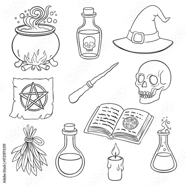 Fototapeta Line art Halloween illustration set with witch cauldron, potions, spell book, broom, herbs, witch hat and other. Outline style perfect for coloring pages, spooky design, witchcraft themes