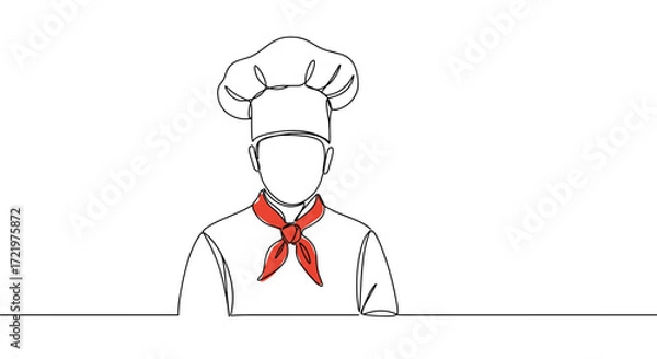 Obraz Outline drawing of chef wearing hat and red scarf in minimalist style with copy space