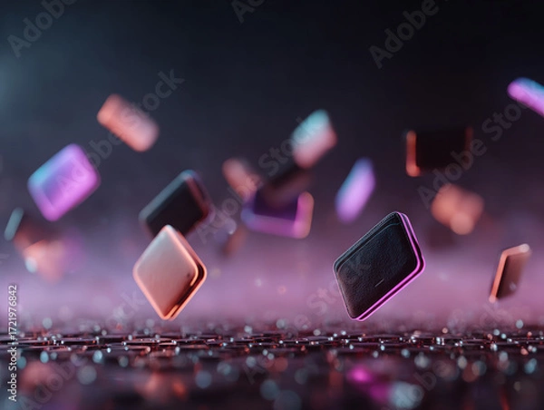 Fototapeta Colorful glowing app icons floating above keyboard in digital space, symbolizing technology, internet, communication, software, and modern online lifestyle.  
