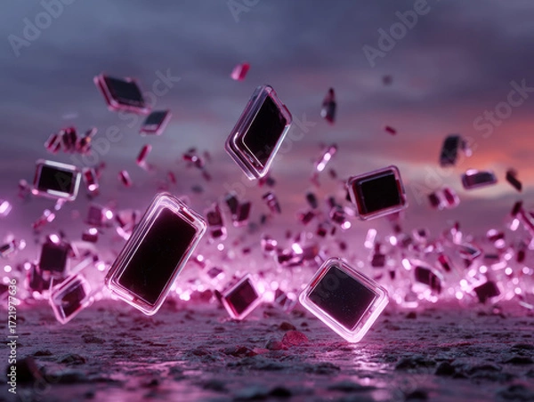 Fototapeta Futuristic scene of glowing smartphones floating in dramatic sky, symbolizing technology, digital lifestyle, communication, innovation, and modern mobile devices.
