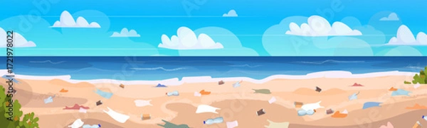 Fototapeta Pollution on a tropical beach with plastic debris and trash contaminating the natural coastline. Environmental pollution. Ecological problem. Vector Not AI generated