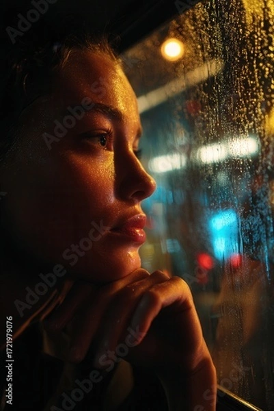 Fototapeta Woman looking through a rainy window at night with city lights reflecting on her face, creating a cinematic and emotional atmosphere