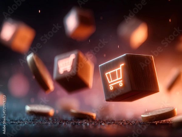 Fototapeta Glowing cubes with shopping cart icons floating in dark space, symbolizing e-commerce, online shopping, retail, and modern digital marketplace.  
