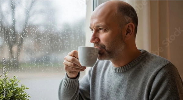 Fototapeta Man Enjoying Coffee by Window in Cozy Café Setting
