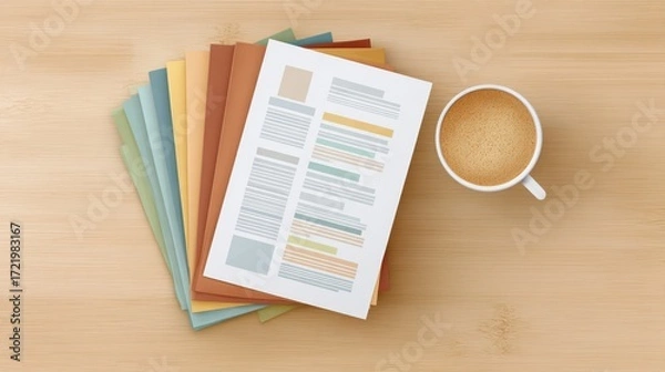 Fototapeta Recruitment and interview process for talent selection at office desk with resumes coffee and hr notes