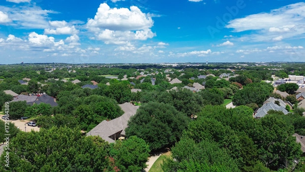 Fototapeta Roof shingles of two-story suburban houses nested in lush green trees in Colleyville, Texas tree-lined streets, sloped-roof homes, landscaped yards, dense greenery in grid layout, suburbs Dallas
