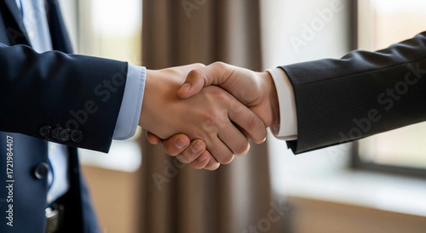 Fototapeta Professional Handshake in Office Setting, Corporate Environment, Close-Up Perspective