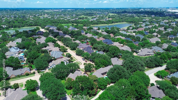 Fototapeta Dual scenic ponds with water fountain in upscale neighborhood in Colleyville, Texas, dense residential layout with tree-lined streets, landscaped yards, and large two-story homes, suburbs Dallas