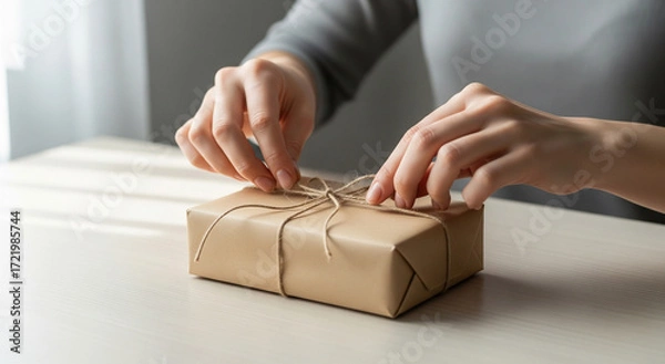 Fototapeta Hands Preparing a Present on a Table in a Cozy Indoor Setting