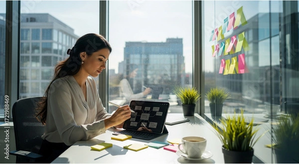 Fototapeta Focused Professional Working on Project in Modern Office with Sticky Notes and Coffee