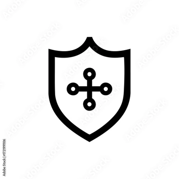 Fototapeta Simple black and white shield icon with a cross-like symbol, representing cybersecurity, data protection, secure software, and strong digital defense identity.