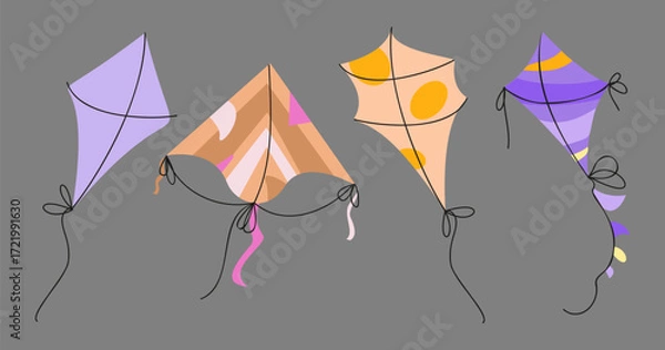 Fototapeta Set of vector hand drawn kites in doodle style.