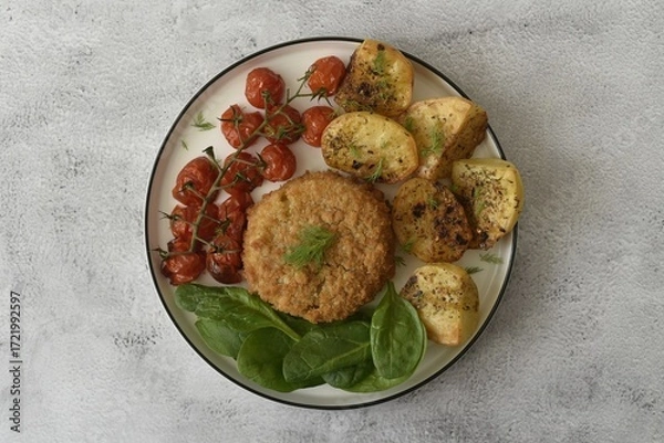 Fototapeta Baked cod fishcake with potatoes, victoria cherry vine tomatoes and fresh spinach.