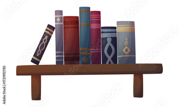 Fototapeta Bookshelf with a collection of colorful books on a wooden shelf