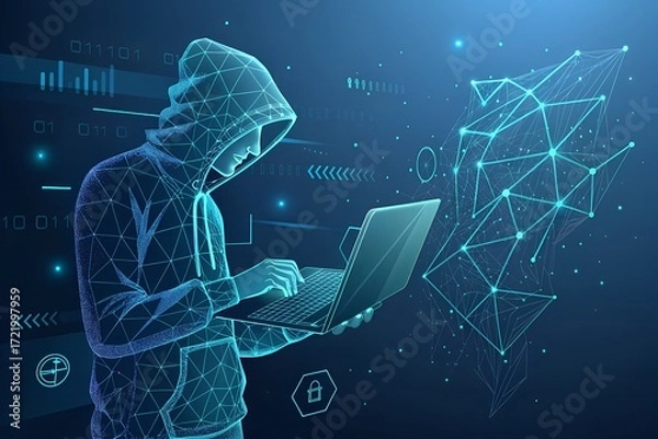 Fototapeta Abstract polygonal hacker with laptop on technology dark background