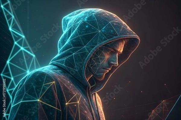 Fototapeta Mysterious hooded figure immersed in glowing cyberpunk holographic data streams and technology