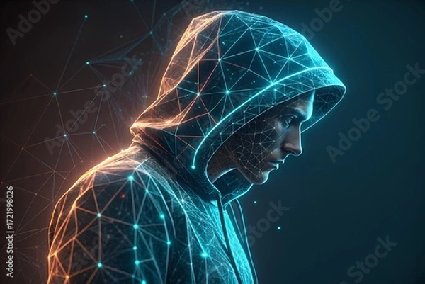 Fototapeta Mysterious hooded figure immersed in glowing cyberpunk holographic data streams and technology
