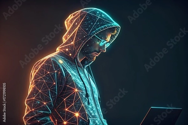 Fototapeta Mysterious hooded figure immersed in glowing cyberpunk holographic data streams and technology