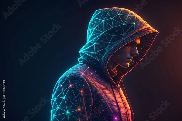 Fototapeta Mysterious hooded figure immersed in glowing cyberpunk holographic data streams and technology