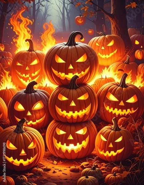 Obraz Stacked Jack-o'-lanterns in a spooky forest
