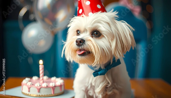 Fototapeta Dog wearing a party hat at a birthday celebration with a cake and balloons in a colorful setting Generative AI