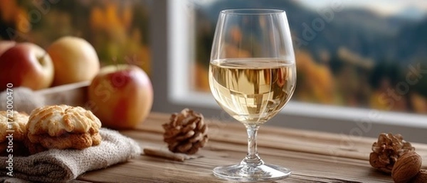 Fototapeta A glass of white wine rests on a wooden table adorned with autumn decorations and delicious food, illuminated by warm sunlight