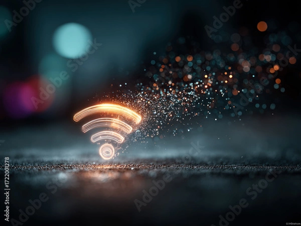 Fototapeta Glowing neon WiFi symbol with digital particles on dark background, representing internet connection, communication, wireless technology, modern lifestyle, and connectivity.
