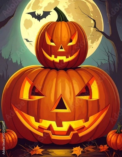 Obraz Stacked jack-o'-lanterns under moonlight