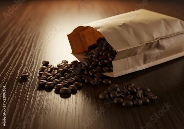 Obraz Coffee beans spilling from a brown paper bag on a dark wooden table surface top view
