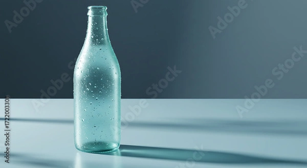 Fototapeta Transparent glass bottle with water droplets on a table surface  
