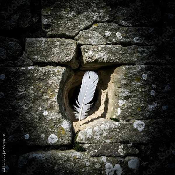 Fototapeta Feather in stone wall niche, a serene and delicate contrast of nature and stone art