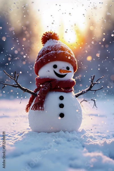 Fototapeta Cheerful snowman with red hat and scarf stands in snowy landscape with falling snowflakes and warm sunset glow. Magical winter scene. Generative AI.