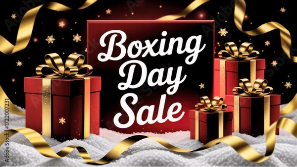 Fototapeta Festive Boxing Day Sale promotional banner with glowing red gift boxes, golden ribbons, snow effect and bold typography on dark background, for holiday marketing visuals