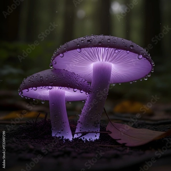 Fototapeta Glowing mushrooms in the dark forest with water droplets and a magical atmosphere