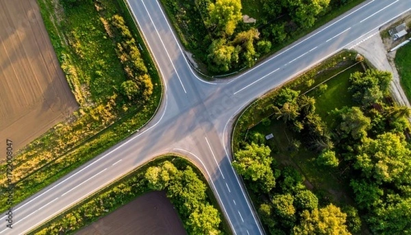 Fototapeta Aerial view of a four-way intersection
