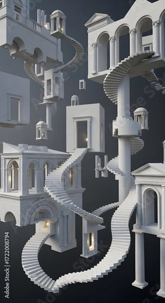 Fototapeta Impossible architecture with stairs and buildings in a surreal dreamlike world