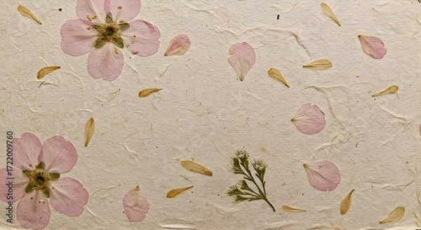 Fototapeta Pale pink blossoms and petals scattered on textured cream paper creating a floral background design