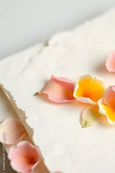 Fototapeta Close up shot of pink and yellow flower petals scattered on a white textured paper surface backdrop